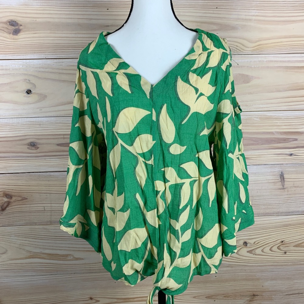 Carolyn Taylor Blouse Women XL Green Tropical Tie Resortwear Boho‎